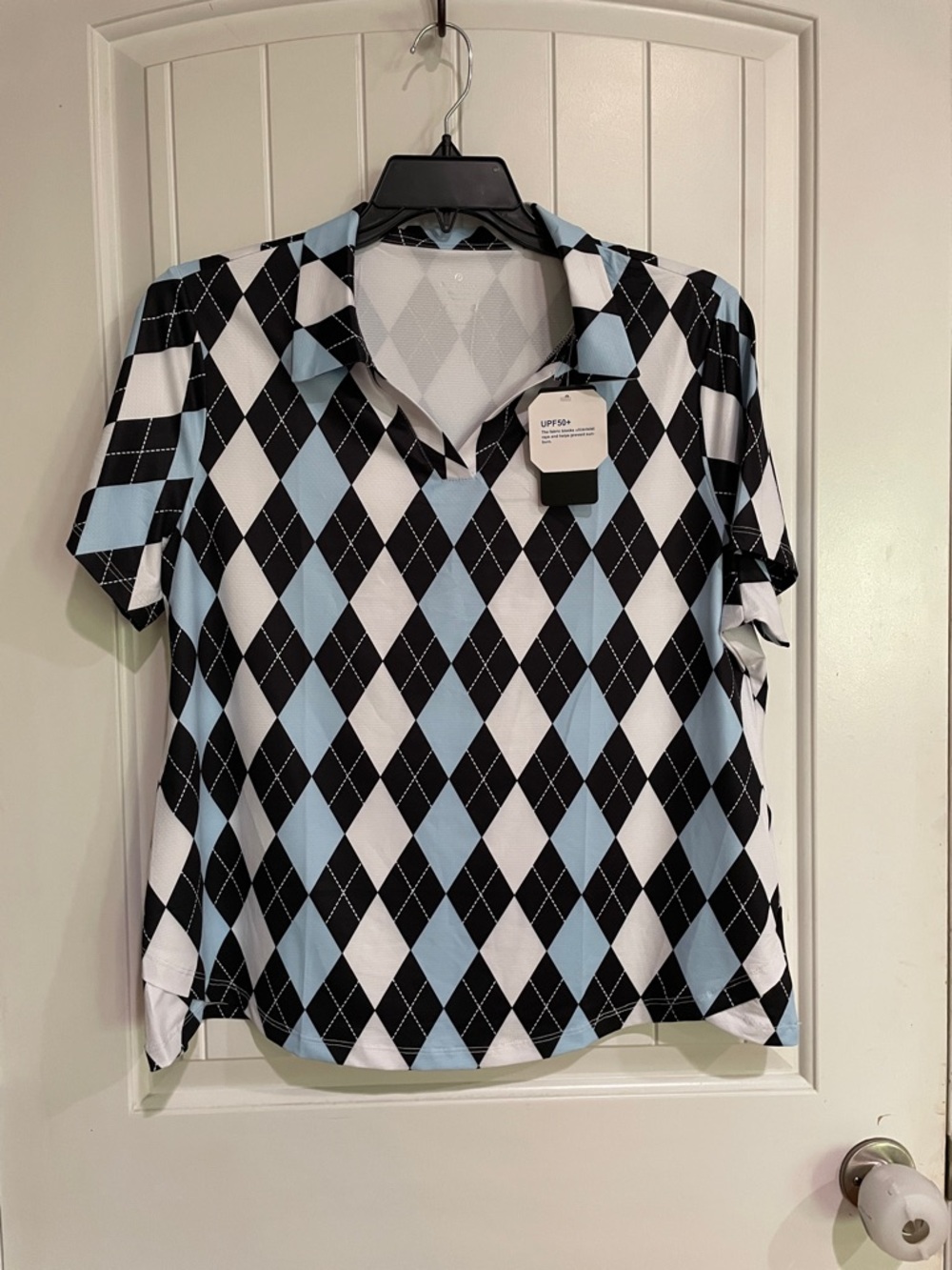 Pinspark XL UPF50+ vneck blue design golf shirt NWT